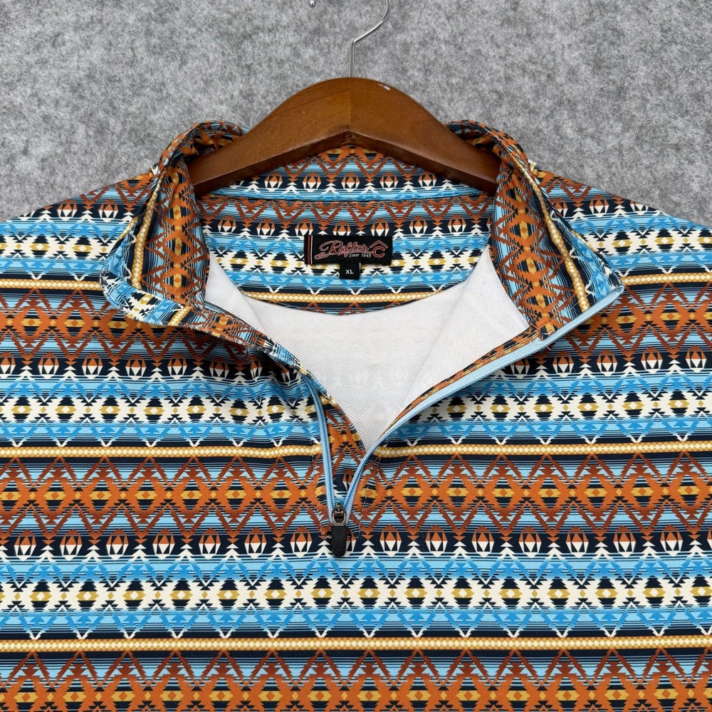 Rafter C Mens XL Southwestern Geometric Quarter Zip Pullover Blue Orange Tribal - Picture 7 of 11